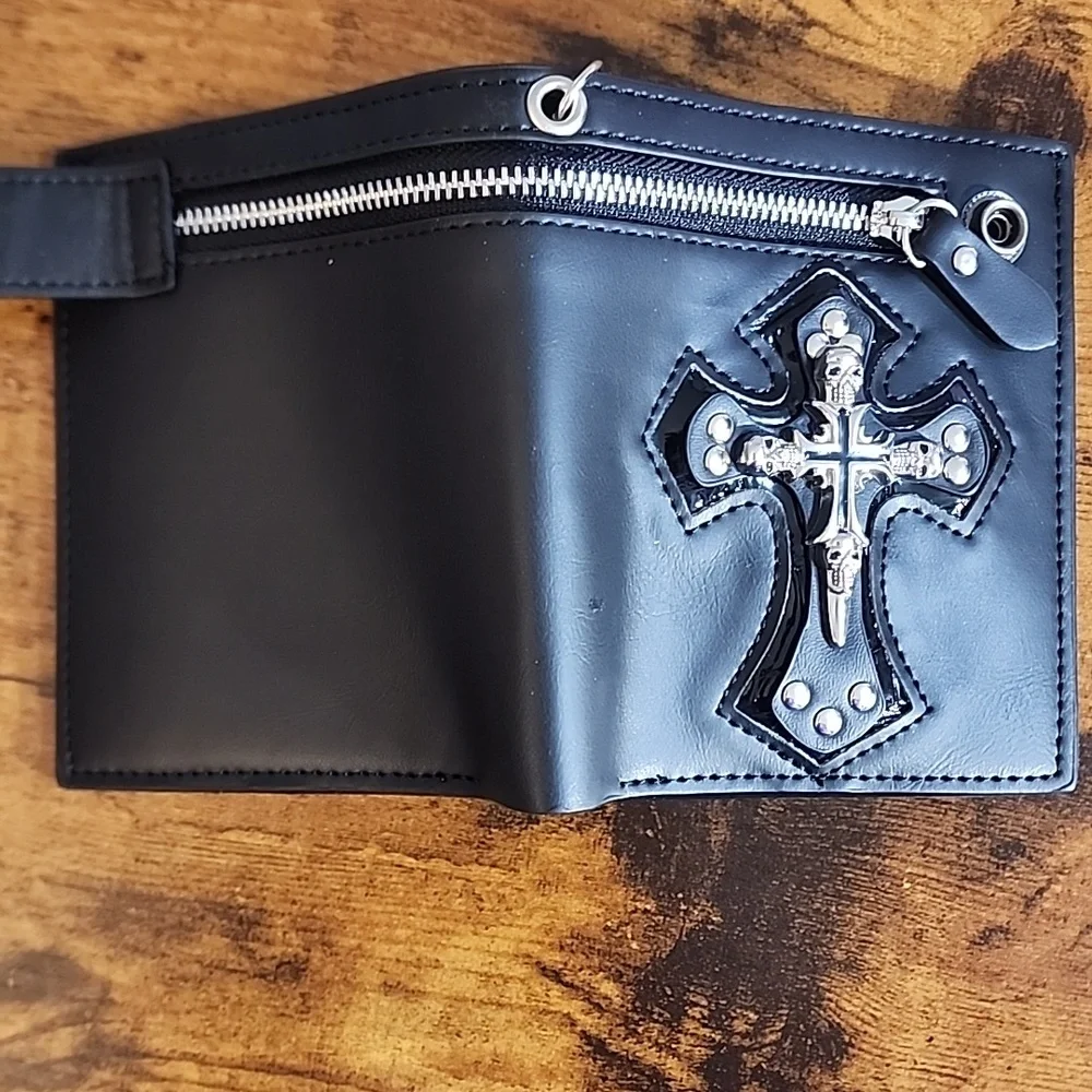 Men's Bifold Wallet, 1Pc New Retro Punk Style Black Skull & Cross Pattern